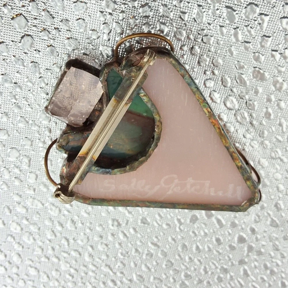 Sally Getchell Signed Iridescent Glass‎ Pearl Brooch Pendant Artist Studio Art